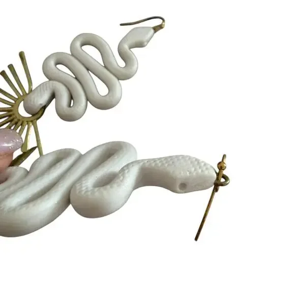 White Gold Polymer Snake Serpent Statement Earrings artisan handmade Boho - Picture 3 of 5